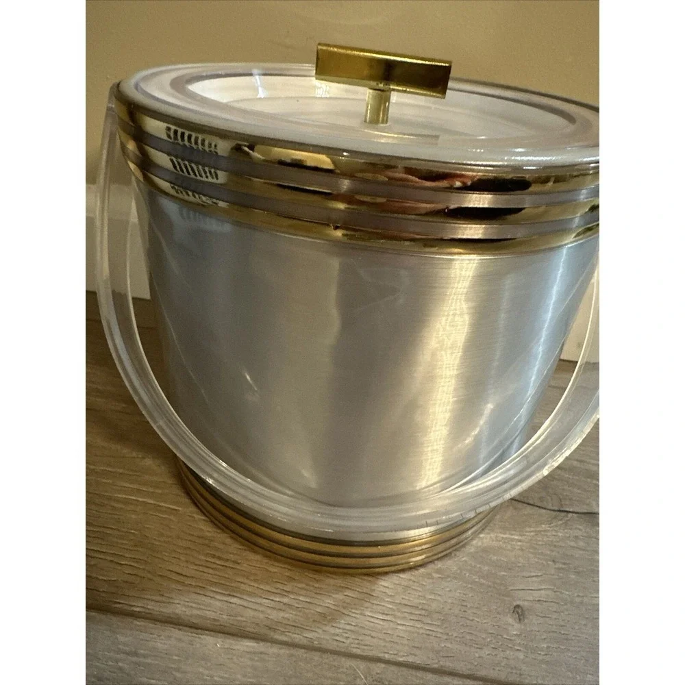 Vintage Georges Briard Ice Bucket Silver Gold Clear Lucite Handle and Lid‎